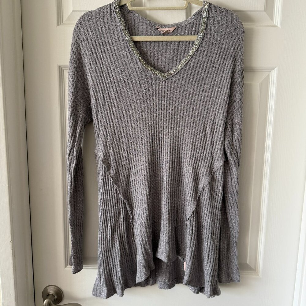 Juicy Couture Gray Waffle Knit Peplum Top Embellished Neckline Size M